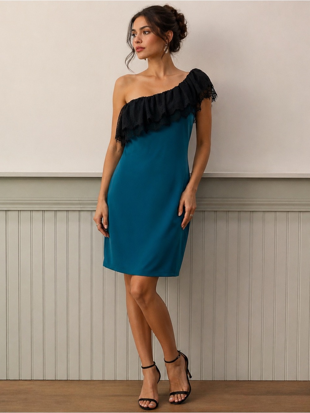 Jay Godfrey Teal One Shoulder Dress Black Lace Ruffle Size 10 Cocktail Party
